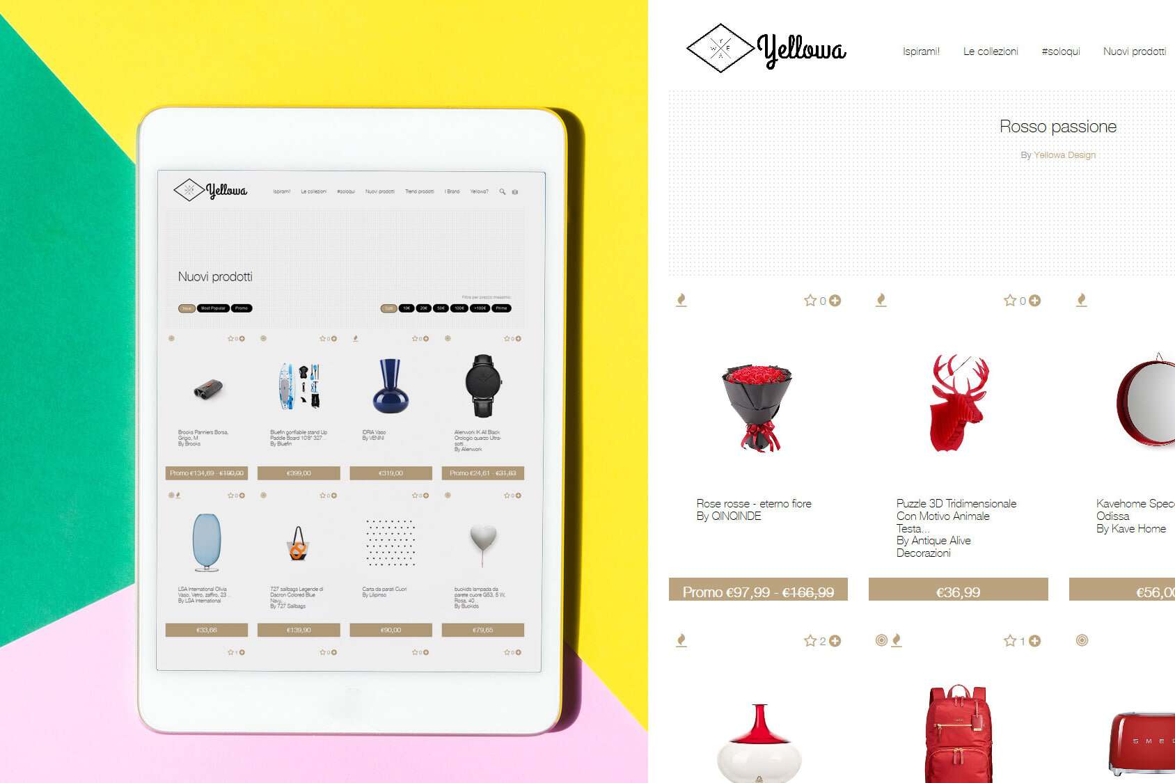 Screenshot of Yellowa Design Brand online store showcasing various products.