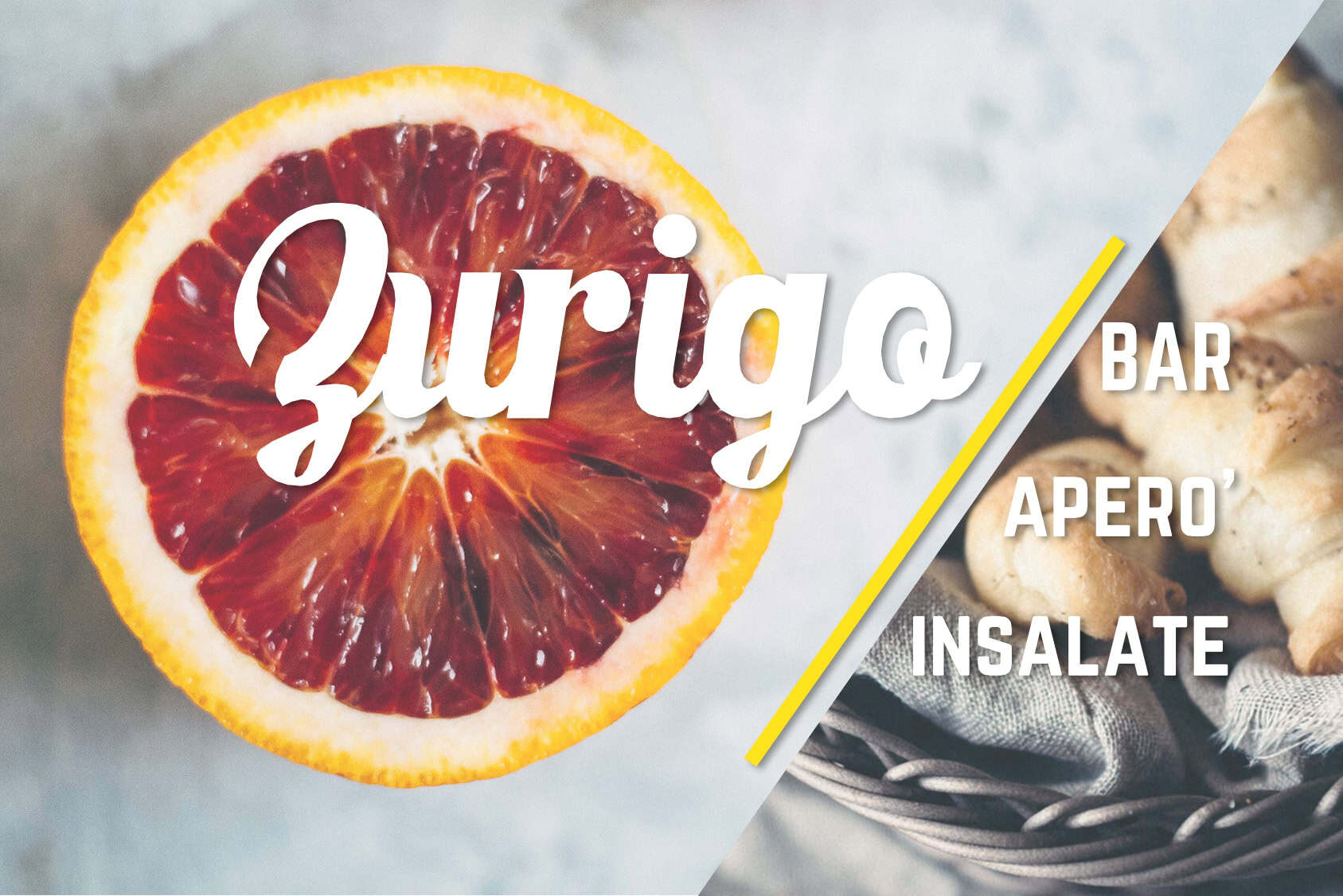 Fresh blood orange slice with bar, apero, and insalate text for Zurigo Design.
