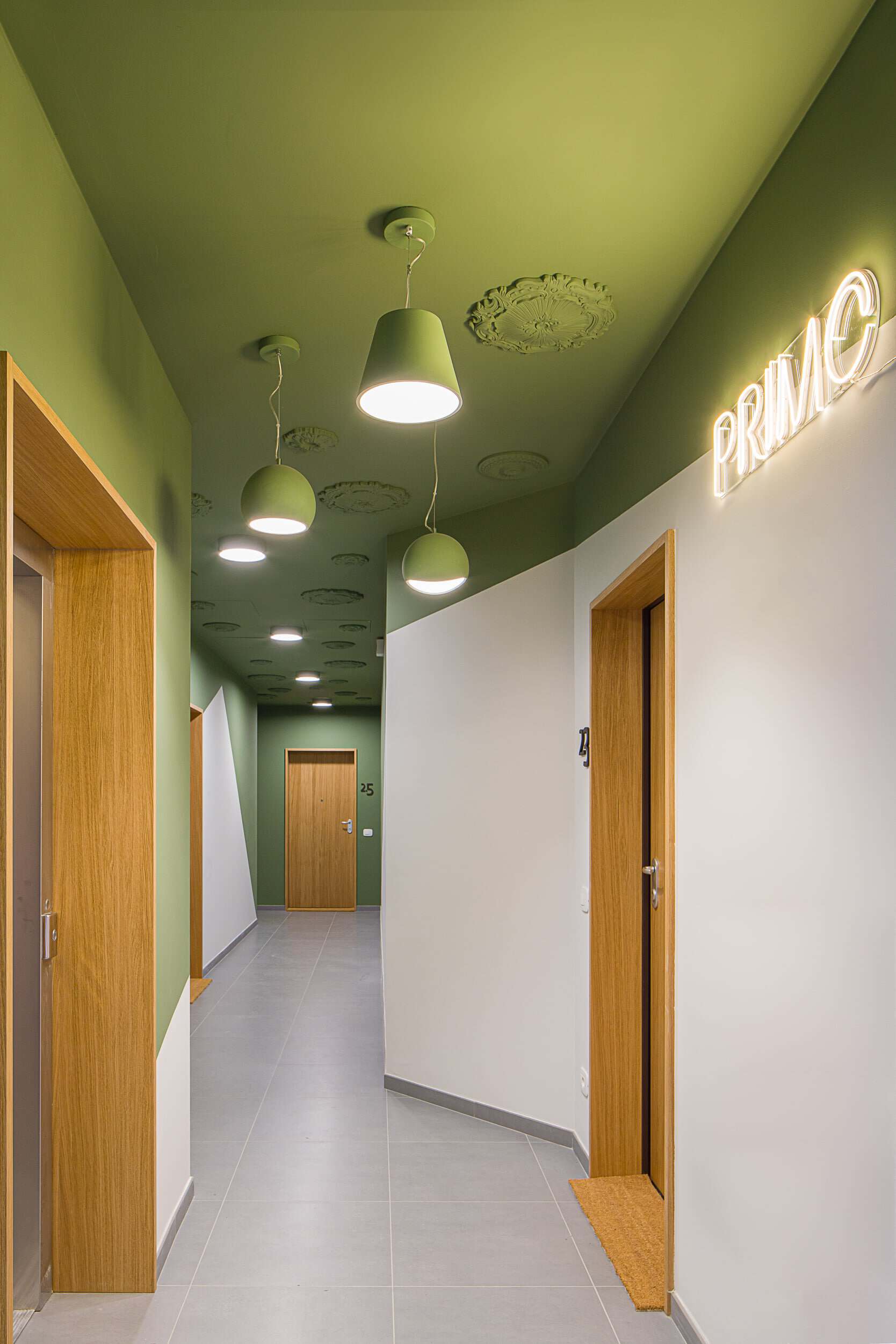 Modern corridor with green ceiling and wooden doors at collegno 7.