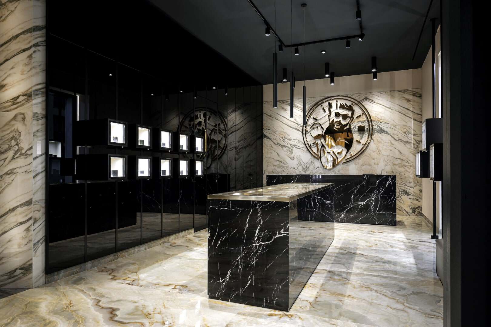 Luxury Watch And Bag Display Area With Marble Decor And Modern Lighting.