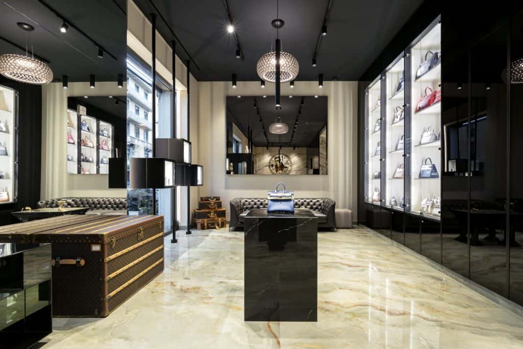 Luxury Watch And Bag Display In Ruzza Orologi &Amp; Bags Store Interior.