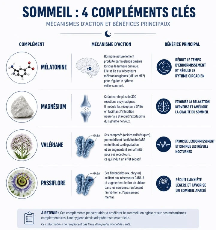 Infographie sur les compléments alimentaires pour dormir : mélatonine, magnésium et plantes pour améliorer la qualité du sommeil.