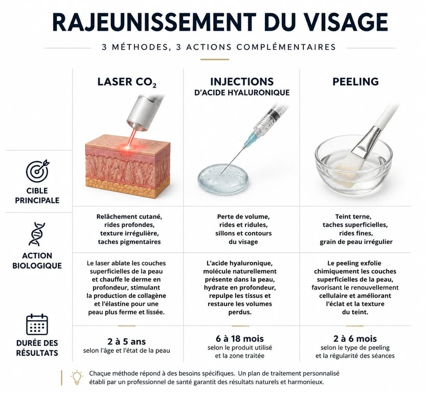 Infographie comparative des traitements esthétiques : laser rides visage, injections et peeling pour le rajeunissement cutané.