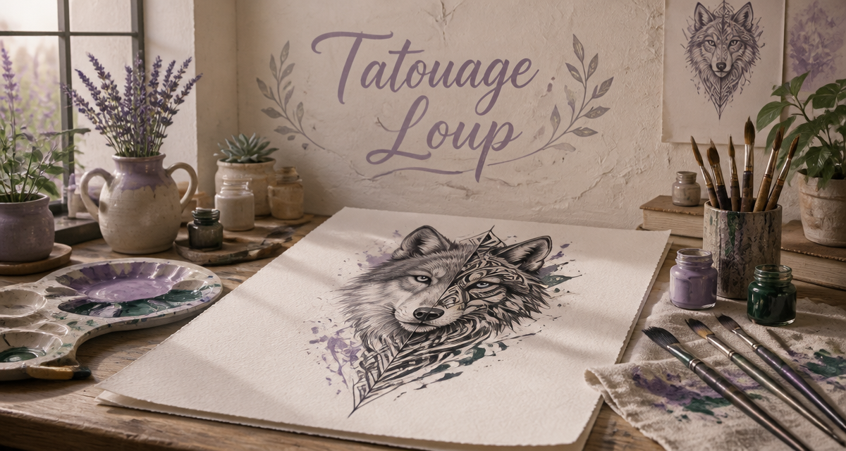 tatouage loup esquisse artistique sur table