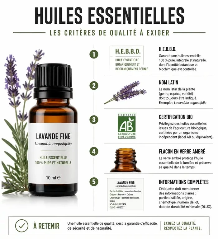 Infographie des critères de qualité pour acheter des huiles essentielles en grande surface
