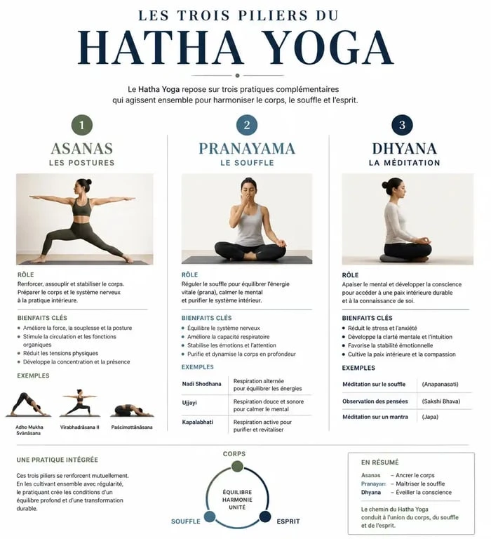 Infographie des trois piliers du hatha yoga : asanas, pranayama et dhyana