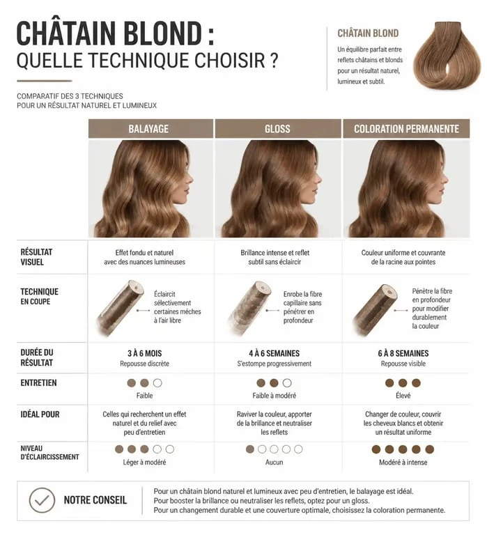 Infographie comparative des techniques de coloration pour un résultat châtain blond