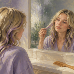 Reflet violet cheveux femme blonde miroir