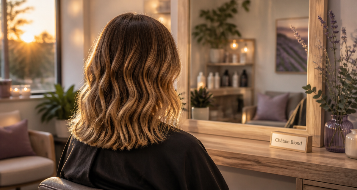 femme chatain blonde salon coiffure