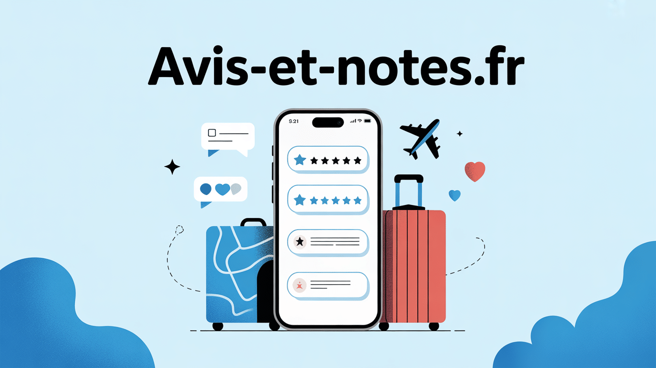 Smartphone avec Avis-et-notes.fr et symboles de voyage