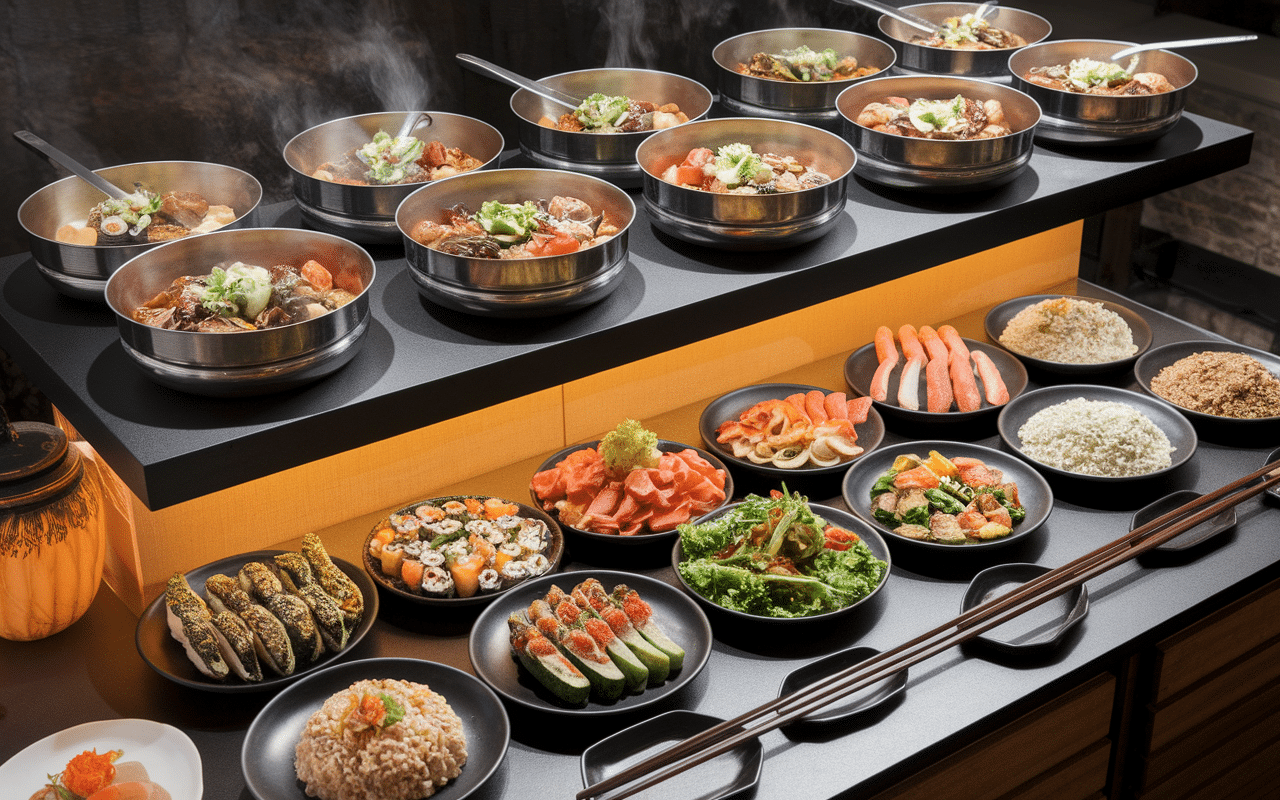 Buffet asiatique plats chauds sushi nems resto chinois a volonté