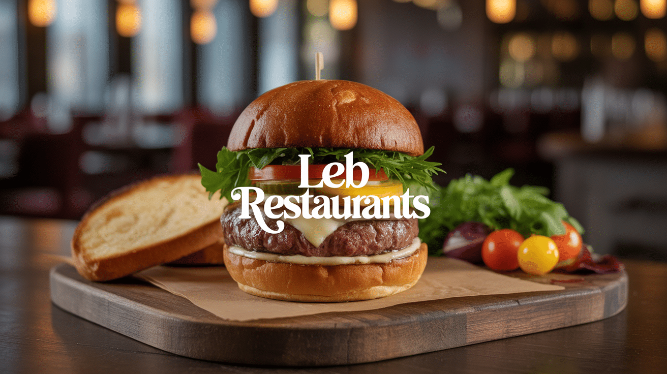 Burger gastronomique artisanal leb restaurant sur planche de bois