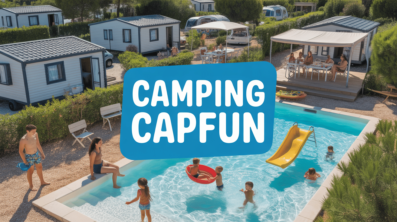 Vue aérienne d'un camping Capfun avec piscine et mobil-homes