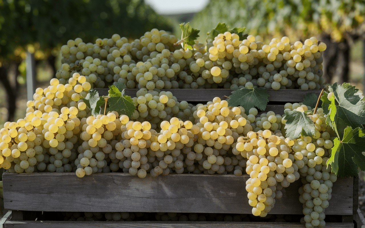 Diversité des cépages de vin blanc sec en caisse en bois