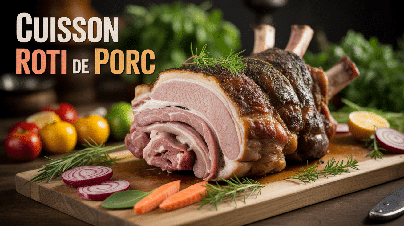 Rôti de porc doré entouré d'herbes et légumes