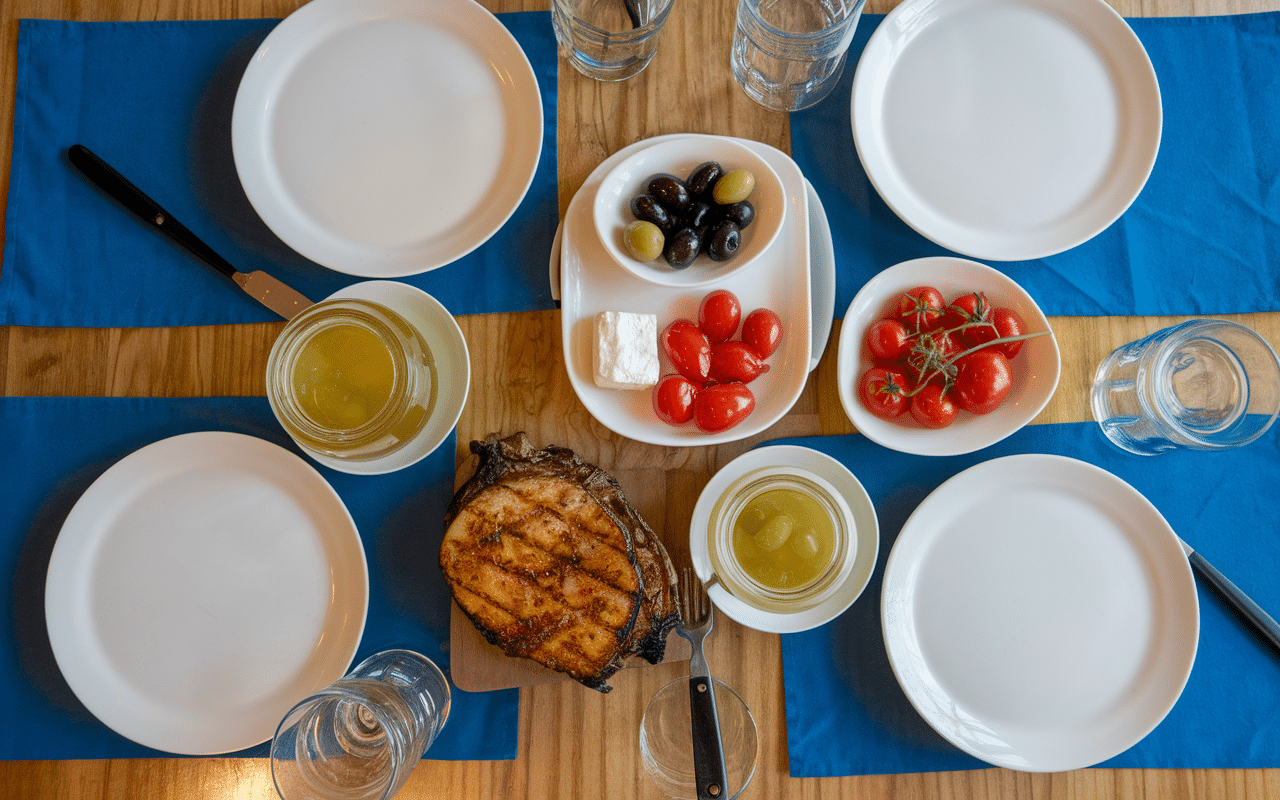 Verres d'ouzo et mezzes sur table