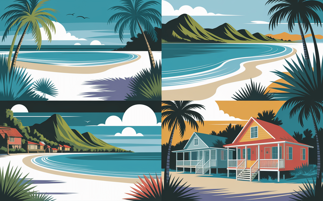 Collage destinations tropicales eaux et palmiers.