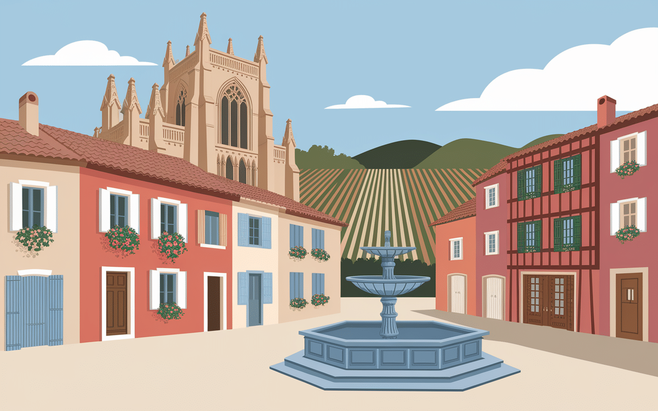 Place de village à Éauze avec cathédrale et maisons anciennes
