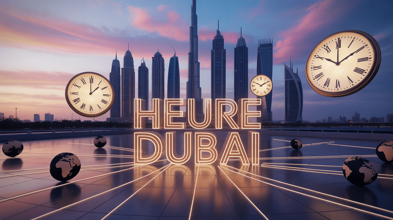 Vue futuriste de Dubai avec horloges et fuseaux horaires