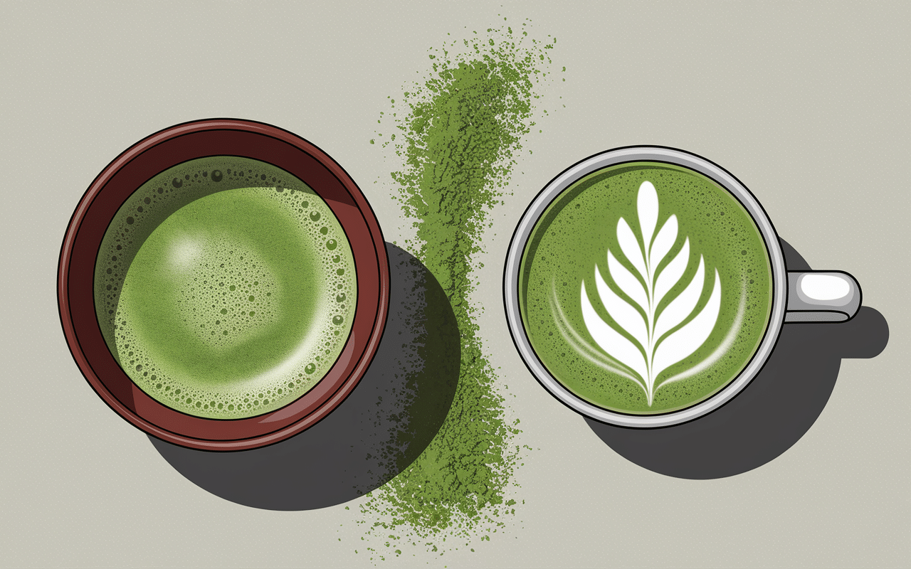 Comparaison visuelle matcha latte et thé matcha