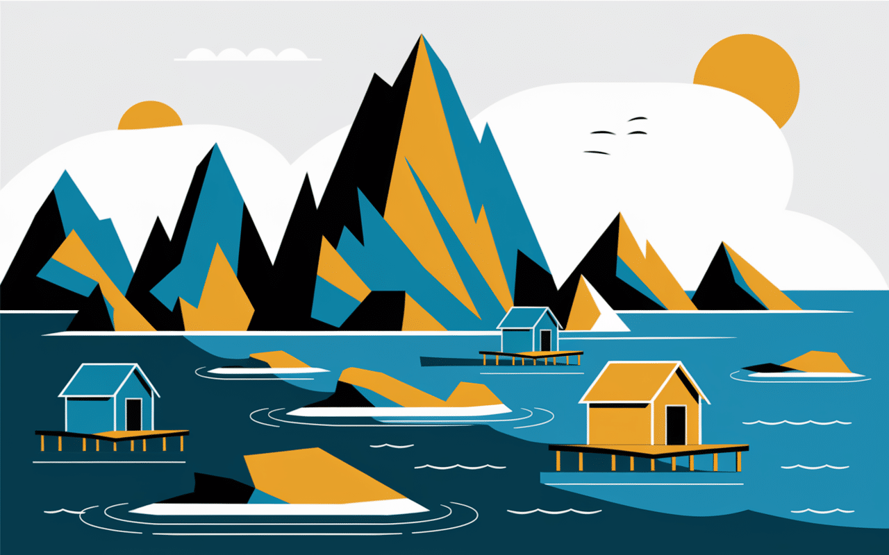 Vue panoramique des montagnes Lofoten et cabanes colorées