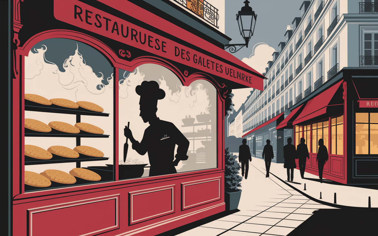 Devanture muniyandi vilas restaurant avec chef faisant tournoyer galettes