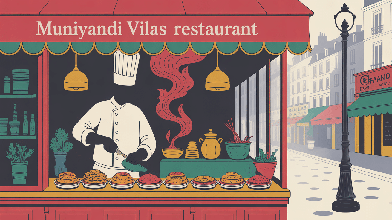 Illustration muniyandi vilas restaurant avec devanture colorée et chef en silhouette