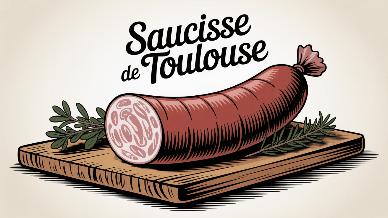Saucisse de Toulouse sur planche bois avec herbes
