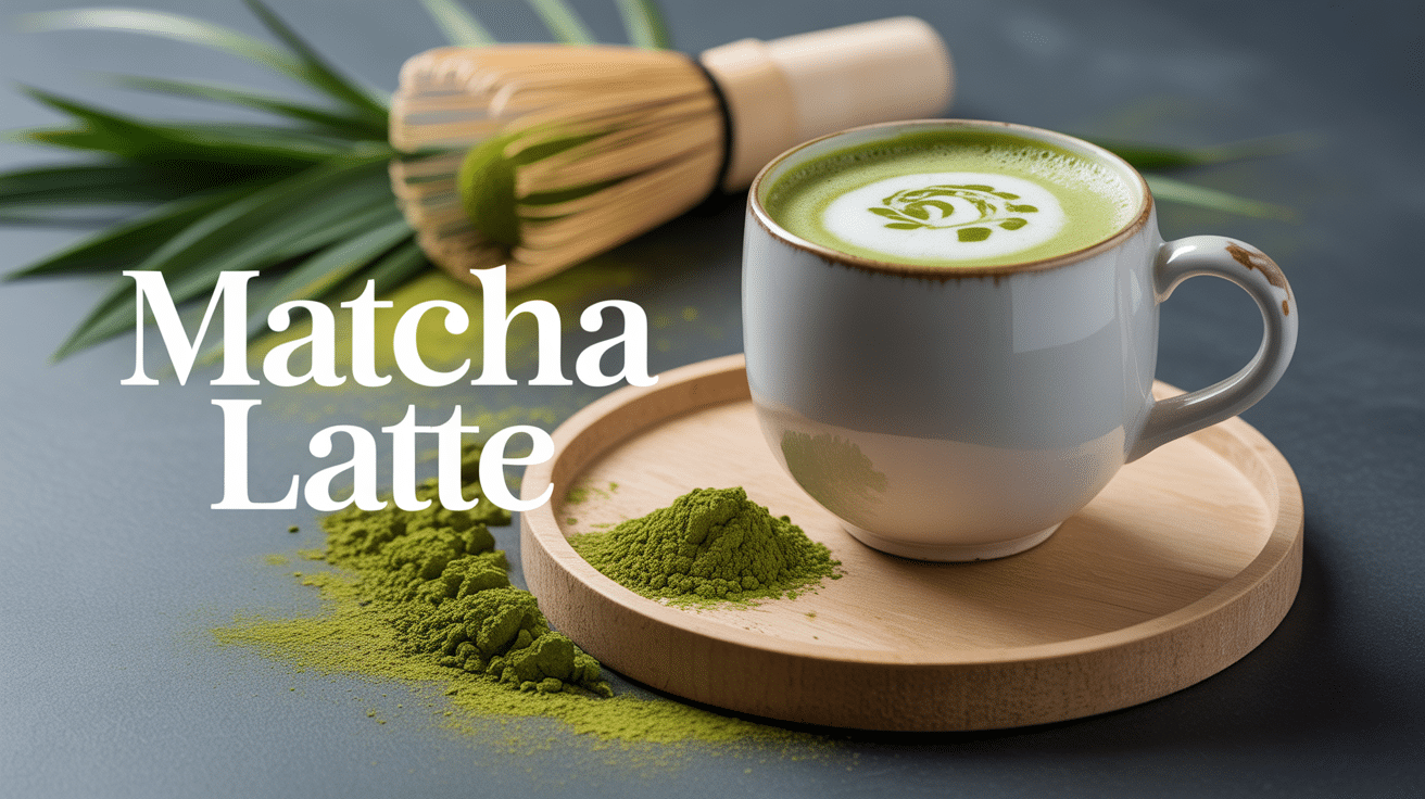 Tasse de matcha latte crémeux avec poudre et bambou zen