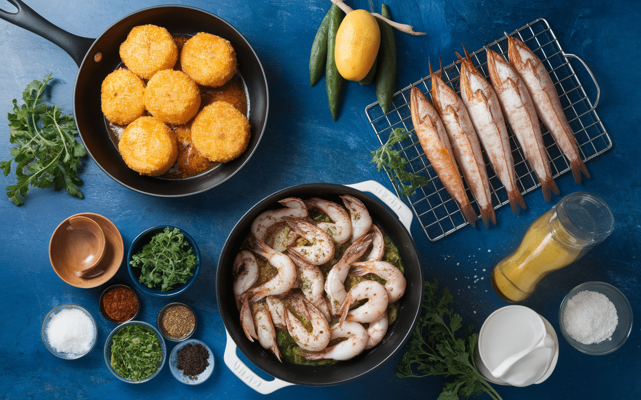 Scène cuisine calamar avec différents plats préparés