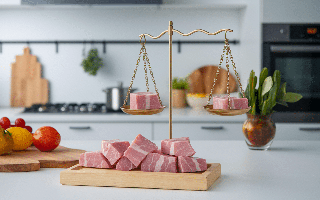 Balance et morceaux de rôti de porc