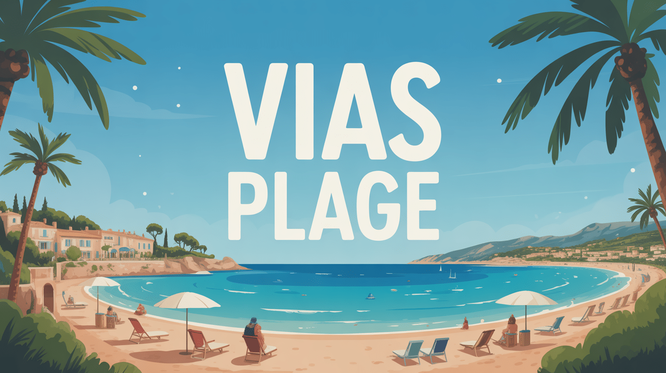 Vue panoramique de Vias plage avec ciel azur et village provençal