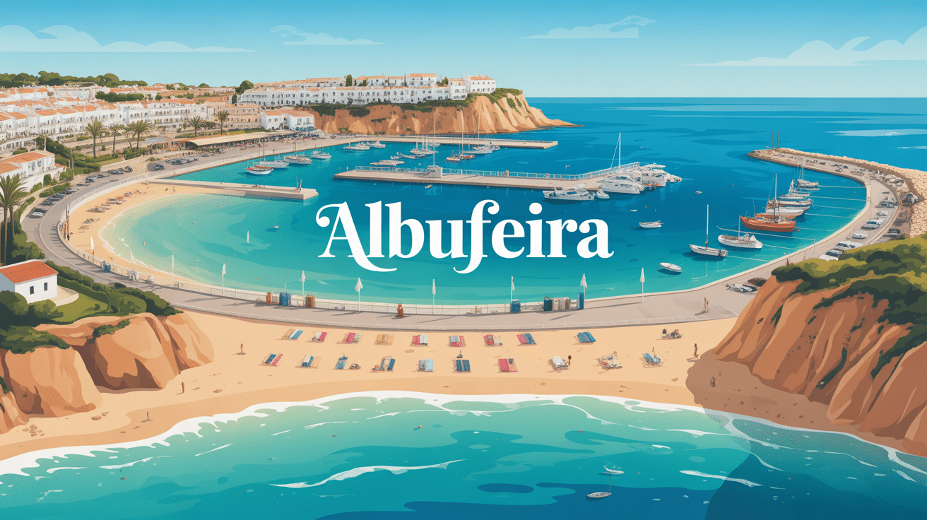 Vue aérienne d'Albufeira avec plages et marina