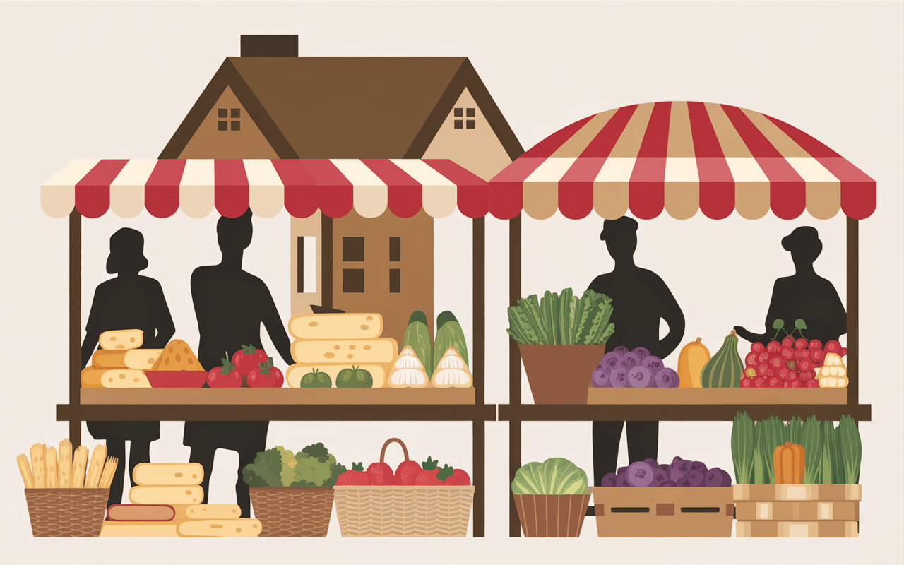 Marché terroir dans les plus beaux villages du Pays d'Auge avec maisons à colombages