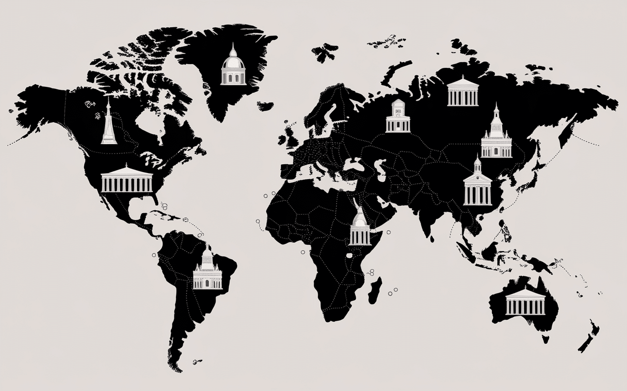 Carte stylisée des monuments en R sur le monde