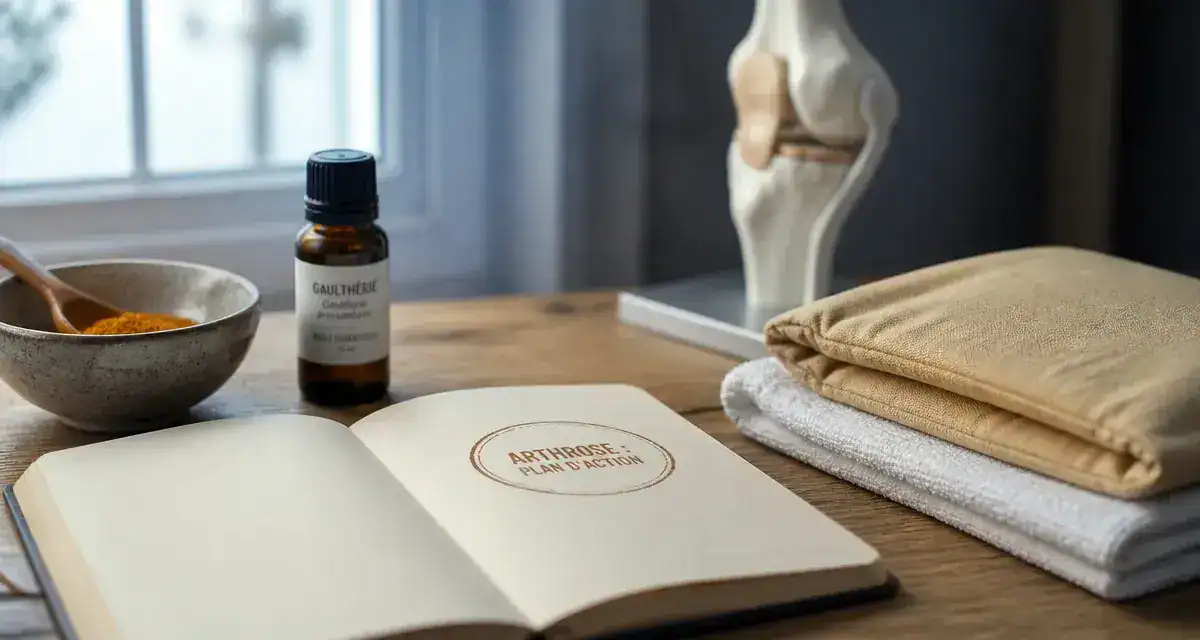 Arthrose remède miracle : mythes et soulagement, table avec curcuma et compresse chaude