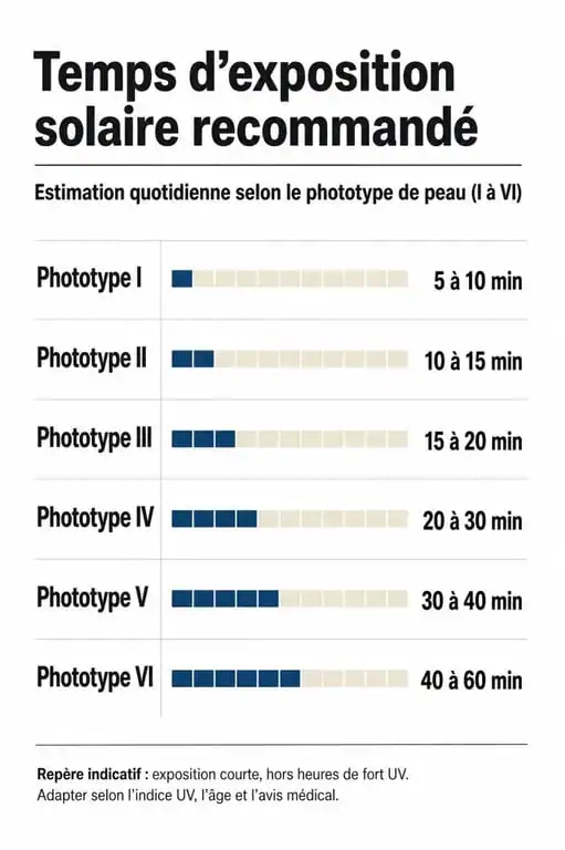 Infographie sur le temps d'exposition au soleil pour bronzer selon le phototype de peau
