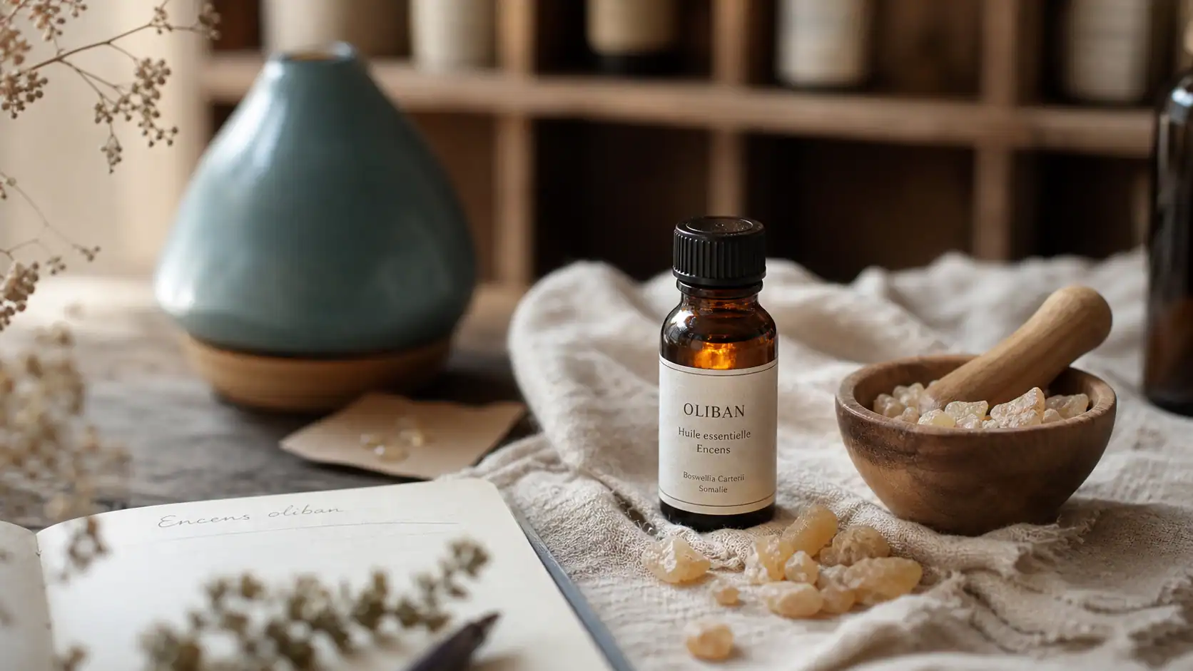 Huile essentielle encens bienfaits : fiole d’oliban sur lin