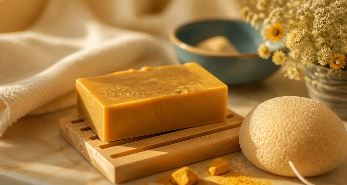 Savon curcuma au golden hour, gros plan sur une barre de savon