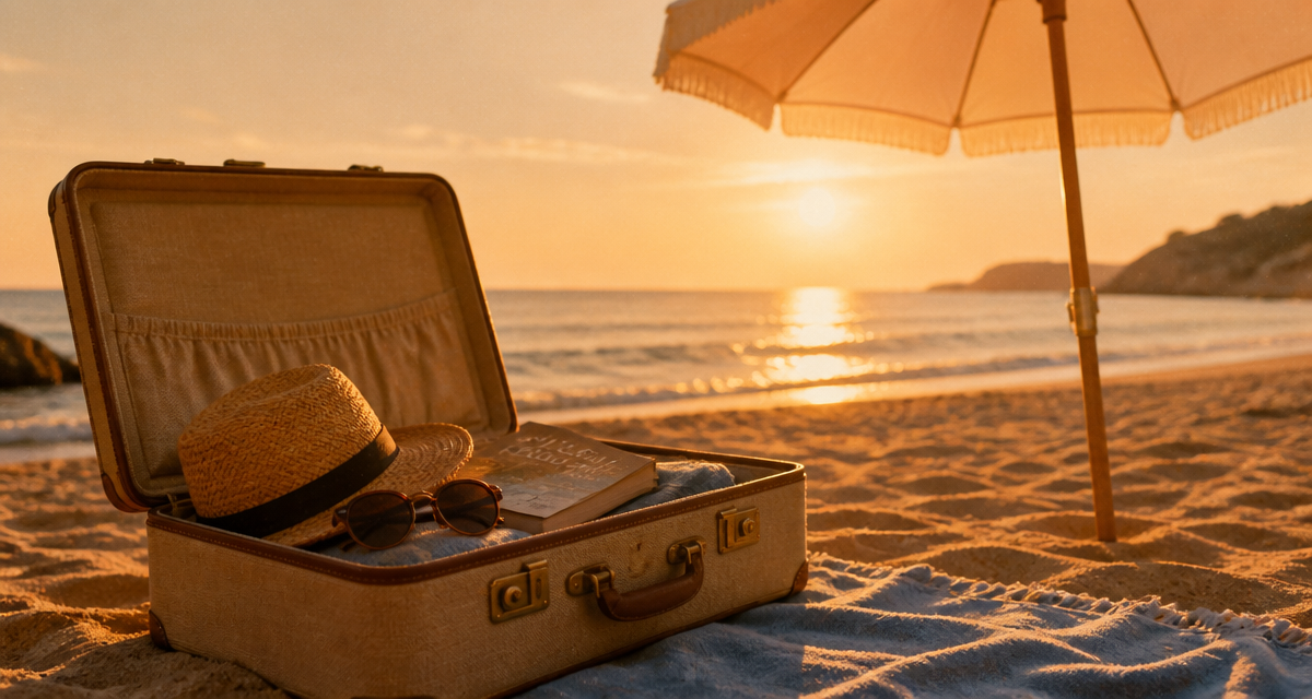 vacance au soleil valise plage coucher de soleil