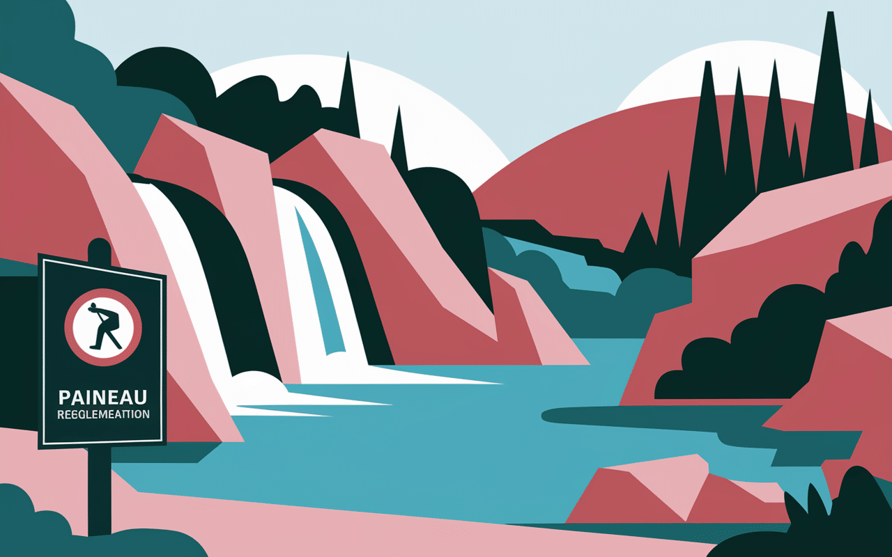 Panneau de réglementation devant cascades de Purcaraccia avec guide obligatoire.