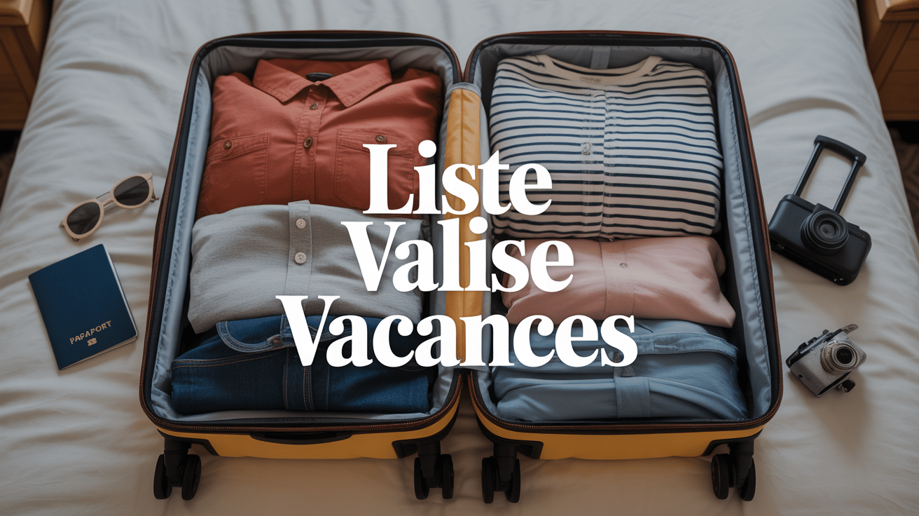 Valise vacances ouverte avec vêtements et accessoires