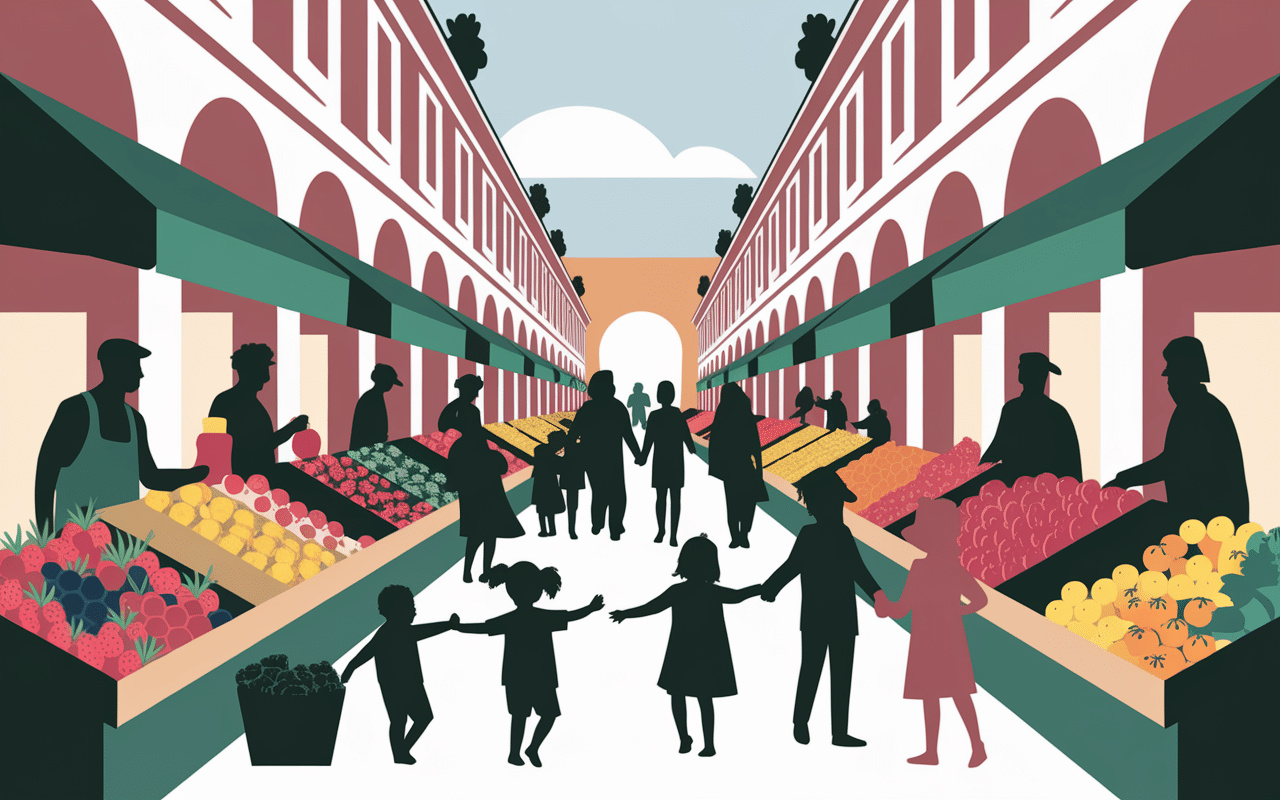 Marché coloré et familles à Caussade