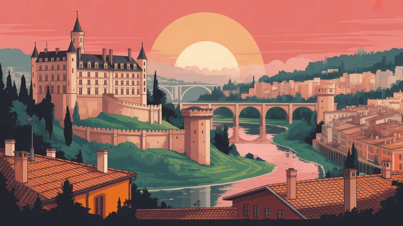 Panorama Lisbonne château et tour au coucher de soleil