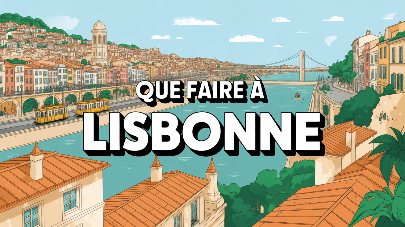 Illustration panoramique de Lisbonne avec tramway et pont