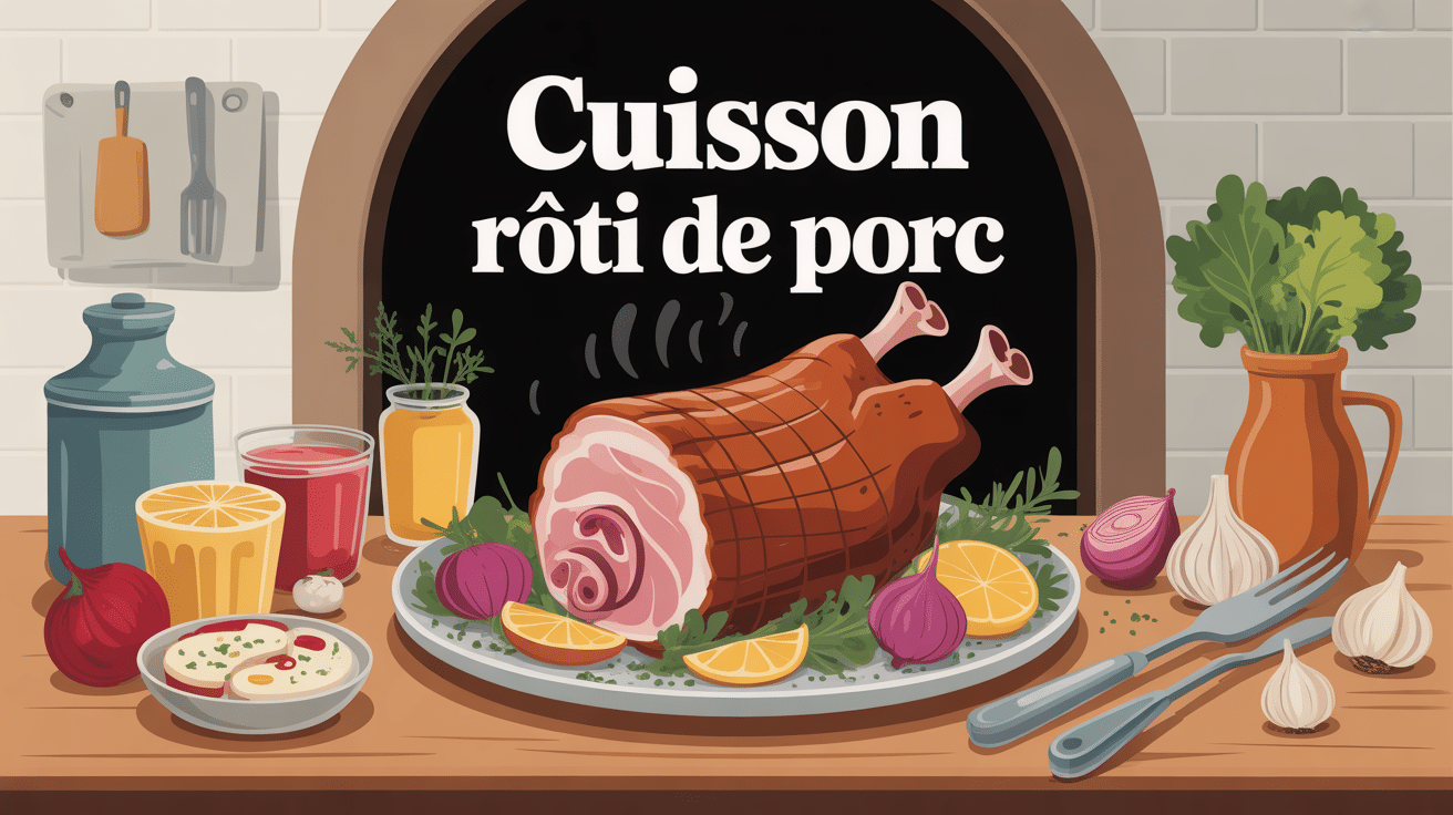 Cuisson rôti de porc doré sortant du four avec aromates
