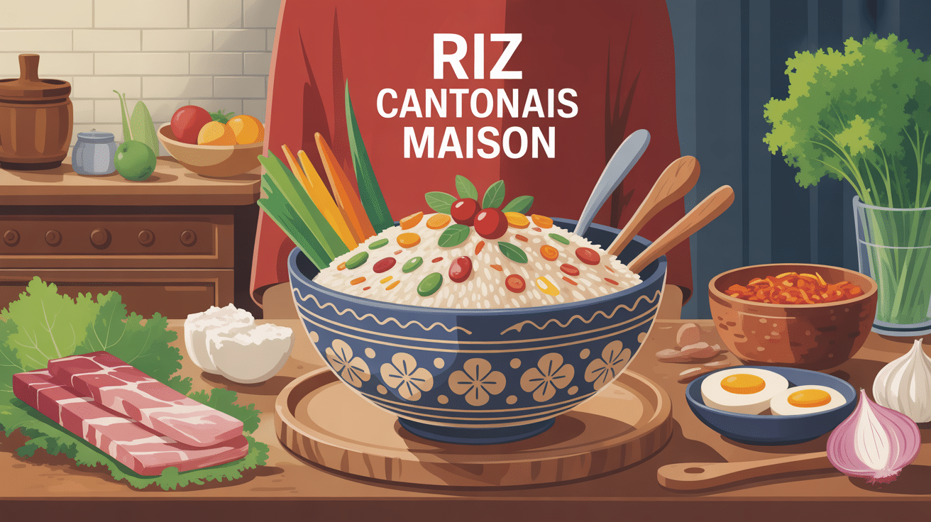 Bol de riz cantonais maison coloré avec légumes œufs jambon