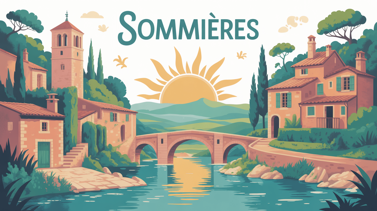 Illustration village médiéval Sommières pont Vidourle