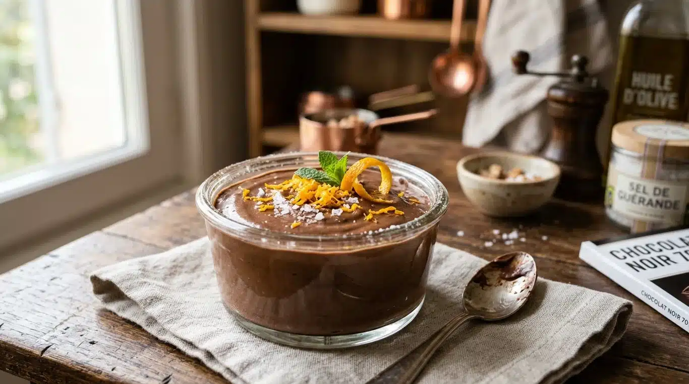 Mousse au chocolat traditionnelle servie dans un ramequin