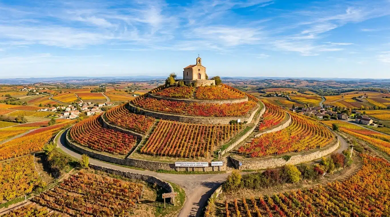 Vue panoramique du Mont Brouilly et de sa chapelle au milieu des vignes en automne